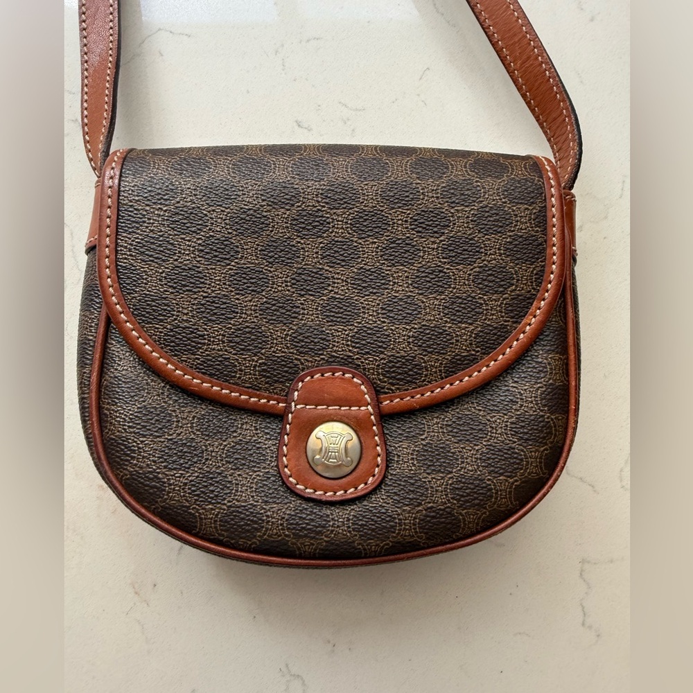 Vintage CELINE Macadam Crossbody Saddle Bag Brown PVC Leather Trim Paris - Picture 4 of 16